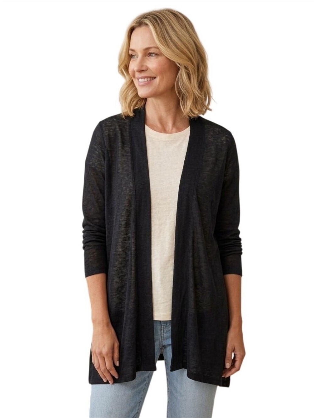 J. Jill Love Linen Long Line Open Front Navy Linen Lightweight Cardigan Size S